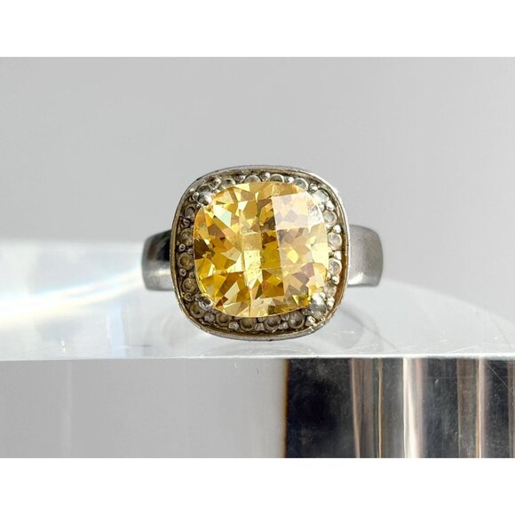 Citrine Cushion Cut Semi-Precious Halo 925 Sterling Silver Vintage Ring - sz 8 - Picture 1 of 13